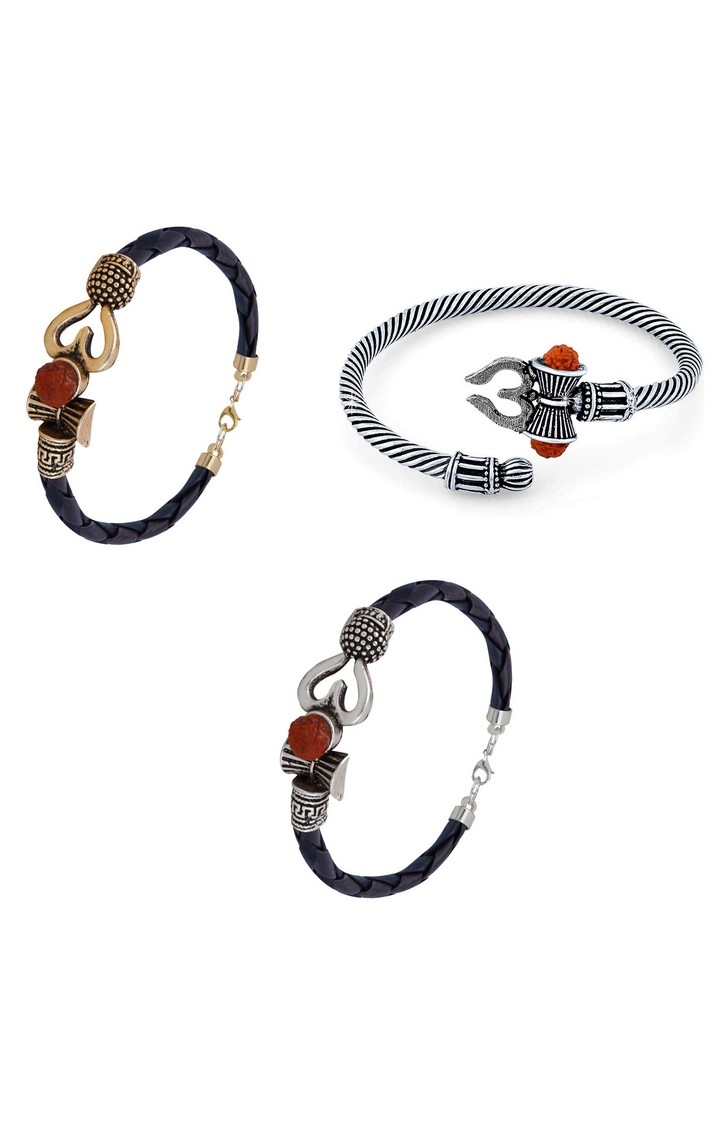 Paola Jewels | Paola Rudraksha OM Trishul Damroo Designer Oxidized Silver Bahubali Kada Bracelet Unisex Bracelets for Men & Women set 3