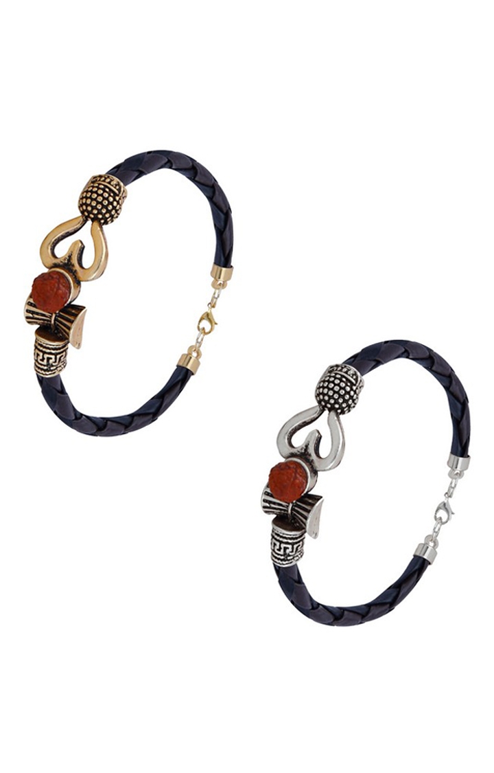 Paola Jewels | Paola Rudraksha OM Trishul Damroo Designer Oxidized Silver Bahubali Kada Bracelet Unisex Bracelets for Men & Women set 2