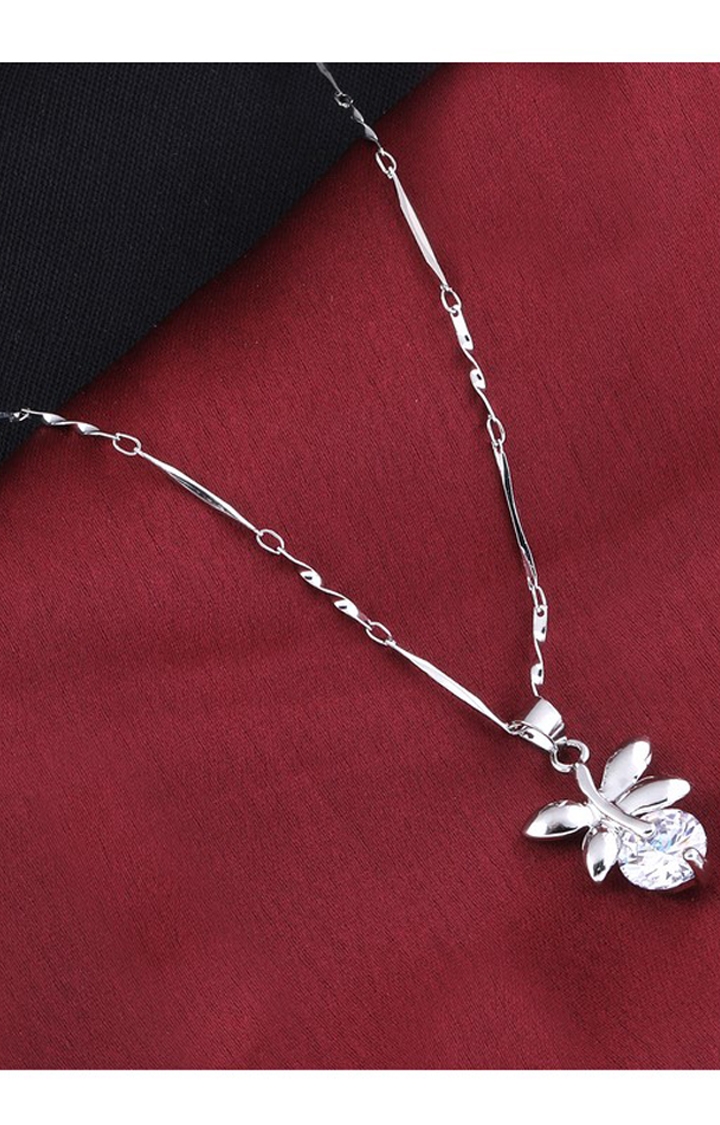 Paola Jewels | Silver Plated chain With Leaf Shape Solitaire Diamond Pendant For Women