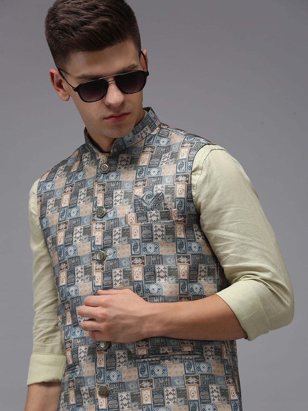 Men's Multicolour Cotton Blend Printed Comfort Fit Ethnic Jackets
