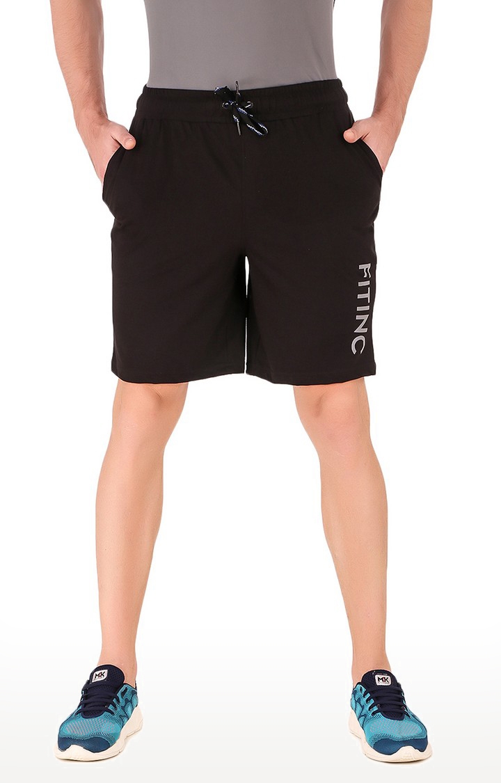 Fitinc Black Cotton Shorts with Side Pockets and Reflector Logo