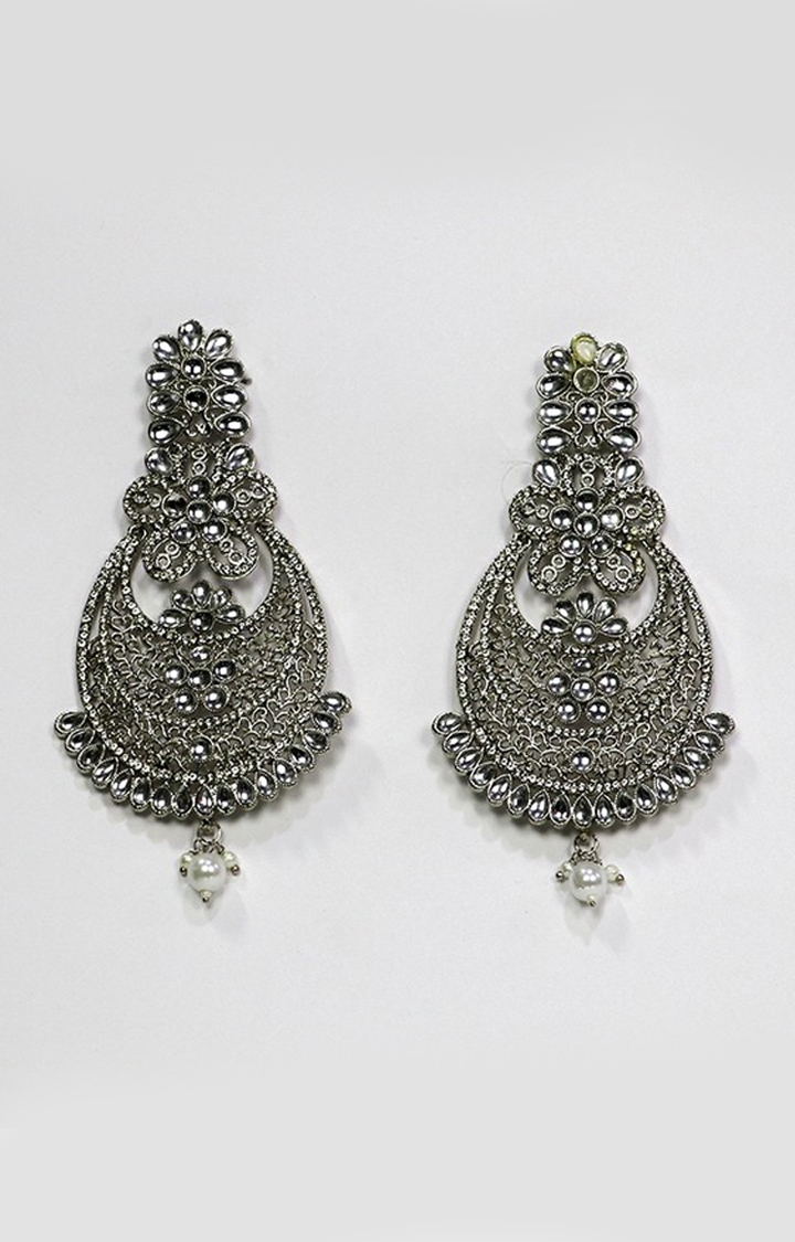 EMM's Silver Kundan Designer Long Earrings Studded
