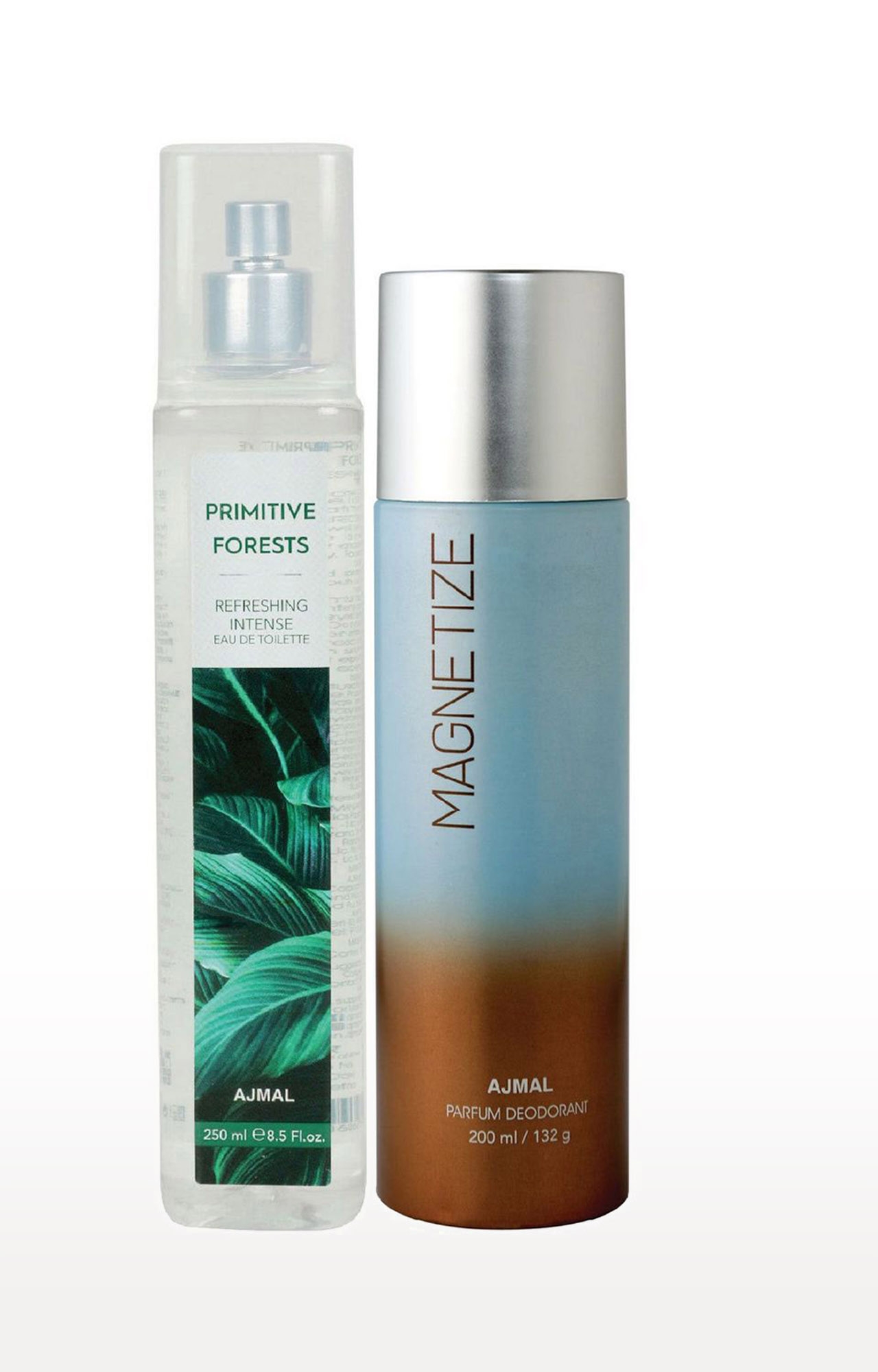 Ajmal | Ajmal Primitive Forests EDT of 250ml & Magnetize  Deodorant 200ml  pack of 2 (Total 450ML) for Unisex + 4 Parfum Testers