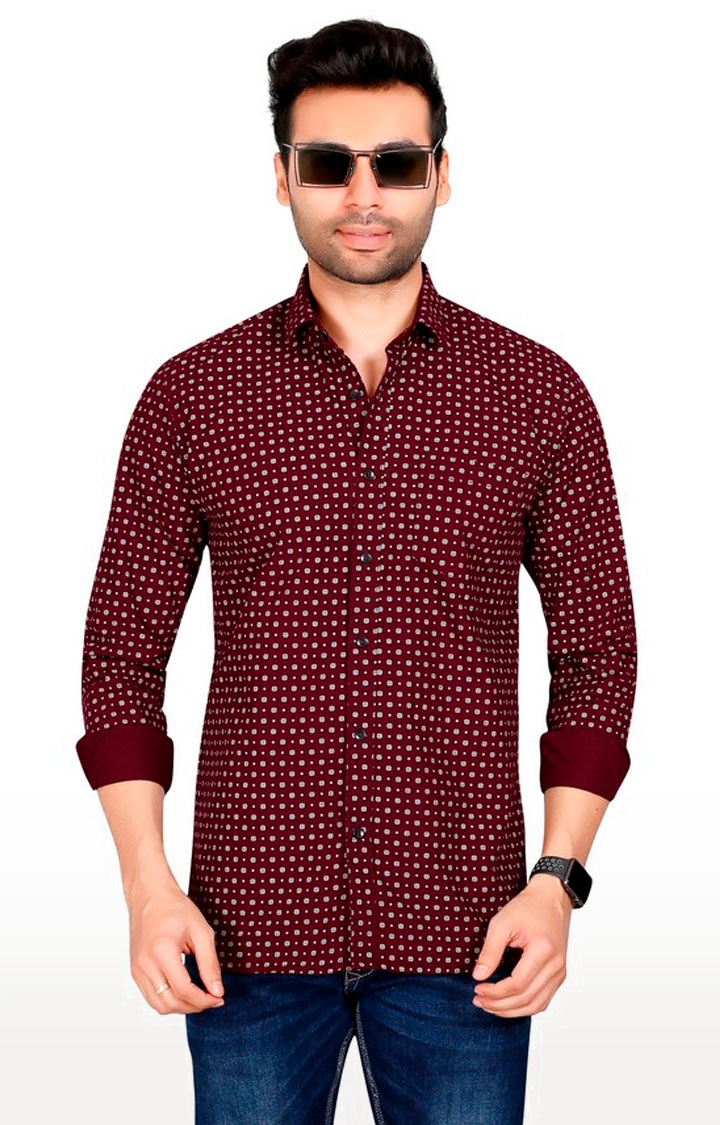 5th Anfold | Fifth Anfold Printed Maroon Casual Pure Cotton Full Sleeve Spread Collar Shirt