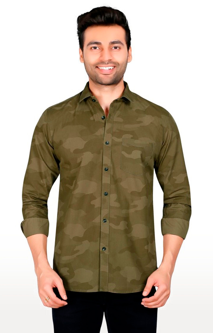 5th Anfold | Fifth Anfold Khaki Camouflage Casual Pure Cotton Full Sleeve Spread Collar Shirt