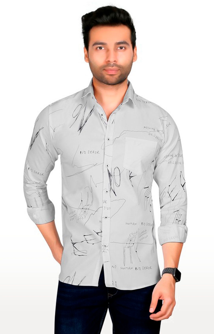 5th Anfold | Fifth Anfold Printed Casual Pure Cotton White Full Sleeve Spread Collar Shirt