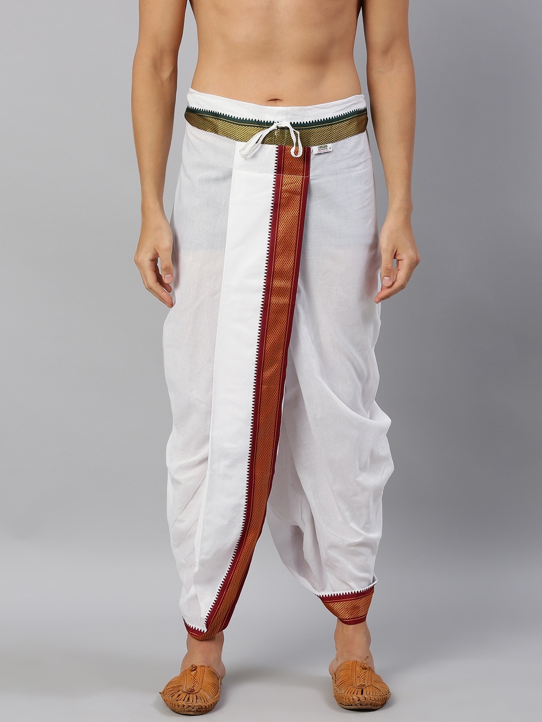 Ramraj | RAMRAJ COTTON Men White Solid Ready Made Panchakacham Dhoti Pants with Angavastram