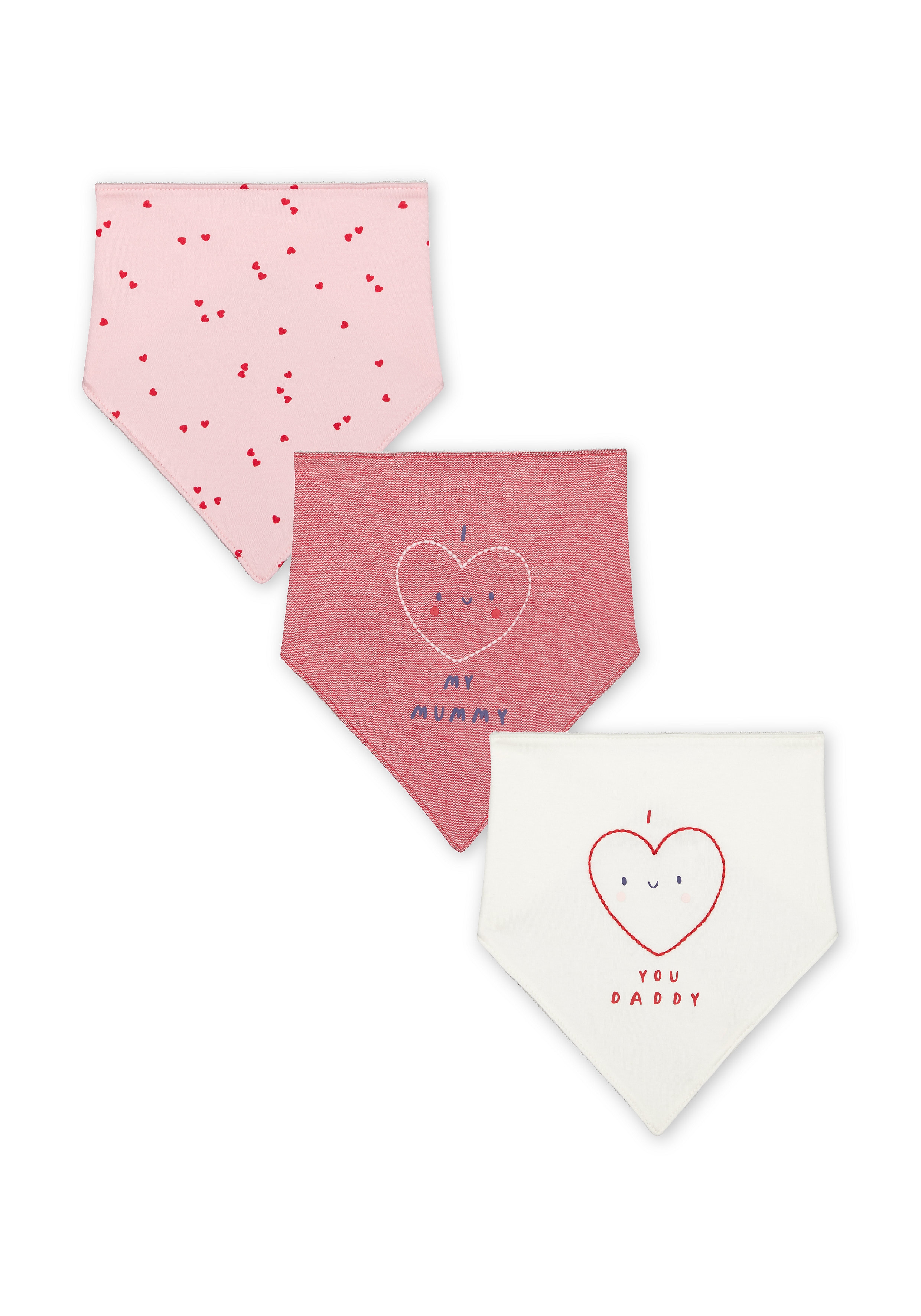 Mothercare | Girls Bibs Heart Print And Embroidery - Pack Of 3 - Pink Red White - Pink