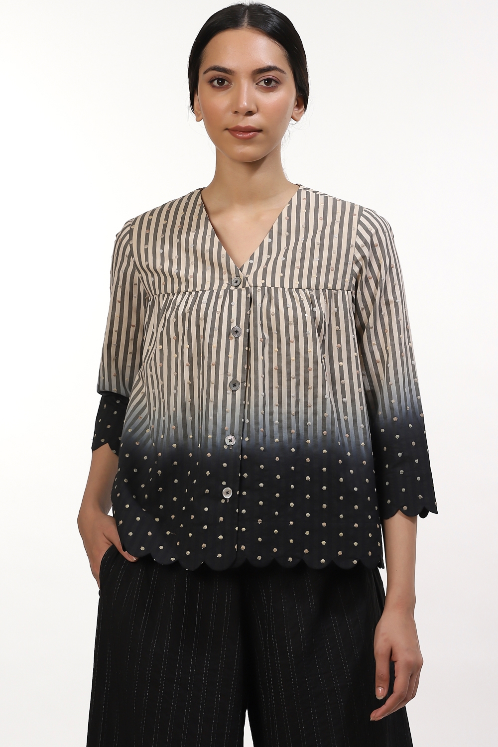 ABRAHAM AND THAKORE | Beige And Black Dip Dyed Kedia Top