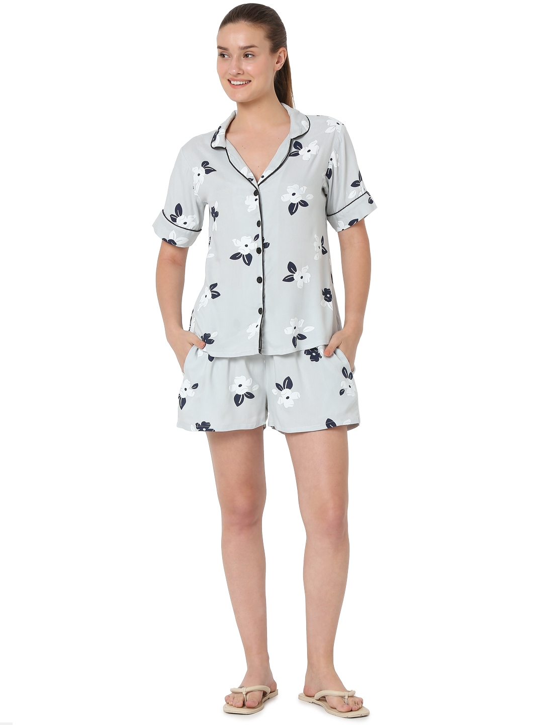 Smarty Pants | Smarty Pants women's cotton grey color floral print shorts & shirt night suit. 