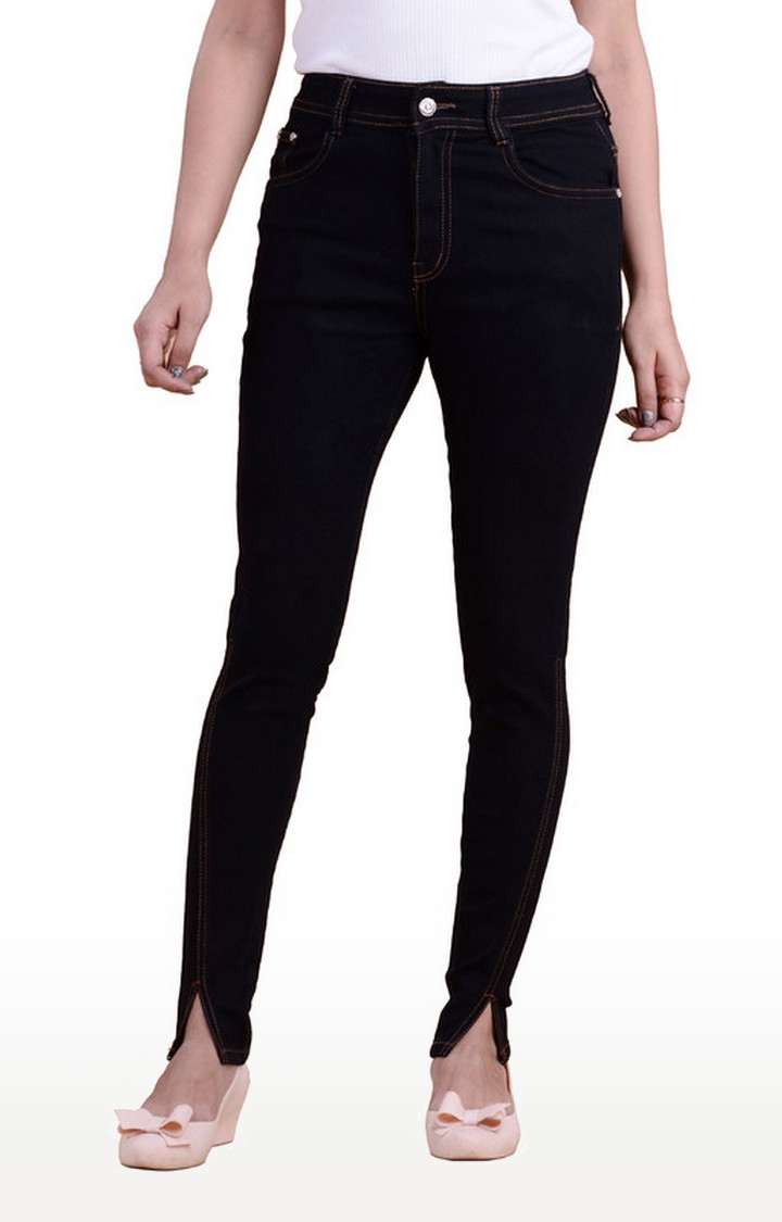 Quassia Women's Black Skinny Fit High Rise Clean Look Stretchable Slit Hem Stylish Jeans, QWDEN262SL-BLK