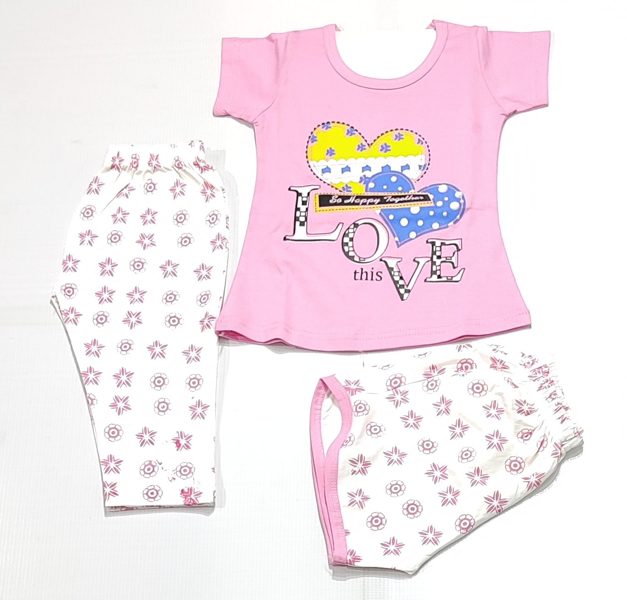 AAAKAR | Girl's Pink Graphic Printed Top, Shorts And Capri Combo Set