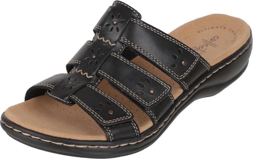 Clarks | Leisa Spring Black Leather Flat Sandals/Women Black Flats Sandal