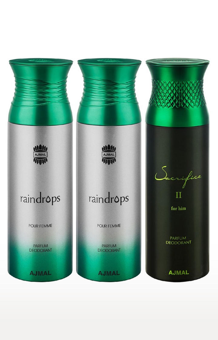 Ajmal | Ajmal Raindrops & Raindrops & Sacred Love Deodorant Spray - For Women (200 ml, Pack of 3) 