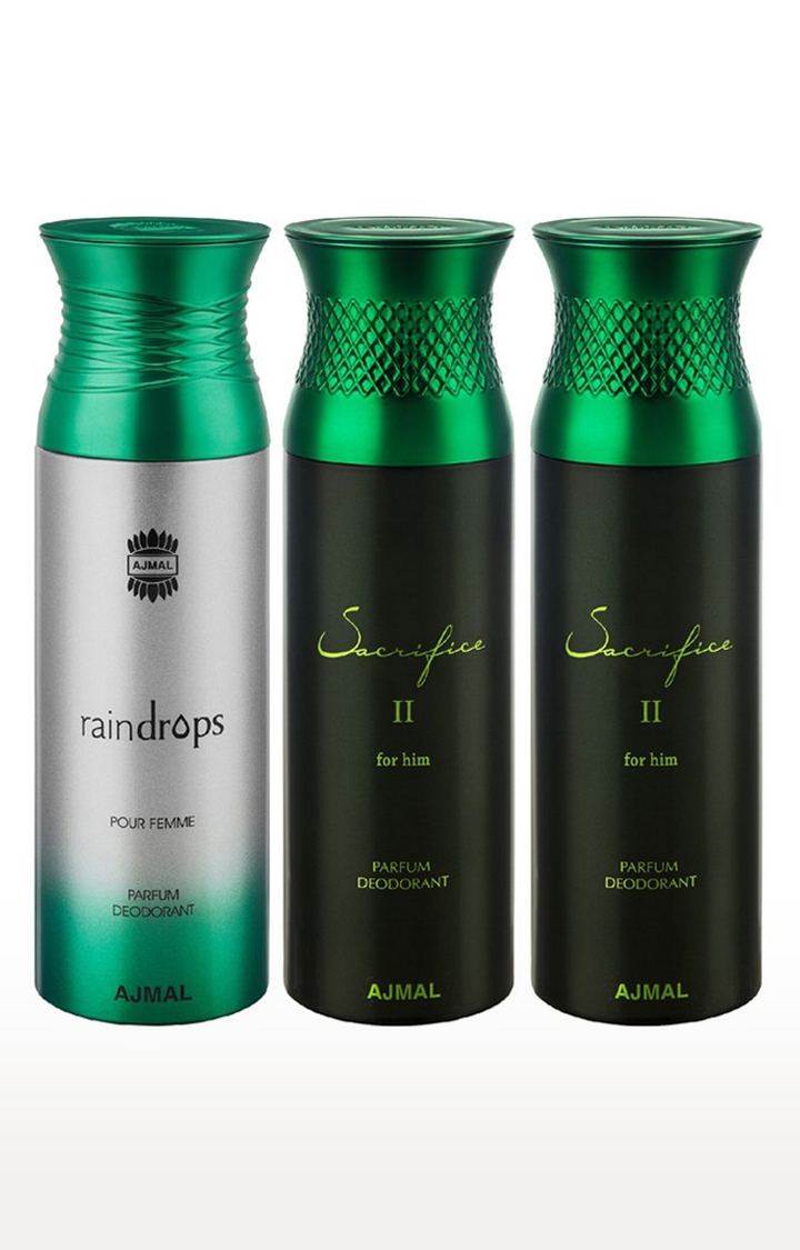 Ajmal Raindrops & Sacrifice II & Sacrifice II Deodorant Spray - For Men & Women (200 ml, Pack of 3) 