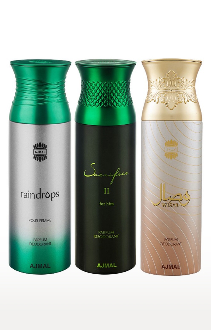 Ajmal Raindrops & Sacrifice II & Wisal Deodorant Spray - For Men & Women (200 ml, Pack of 3) 