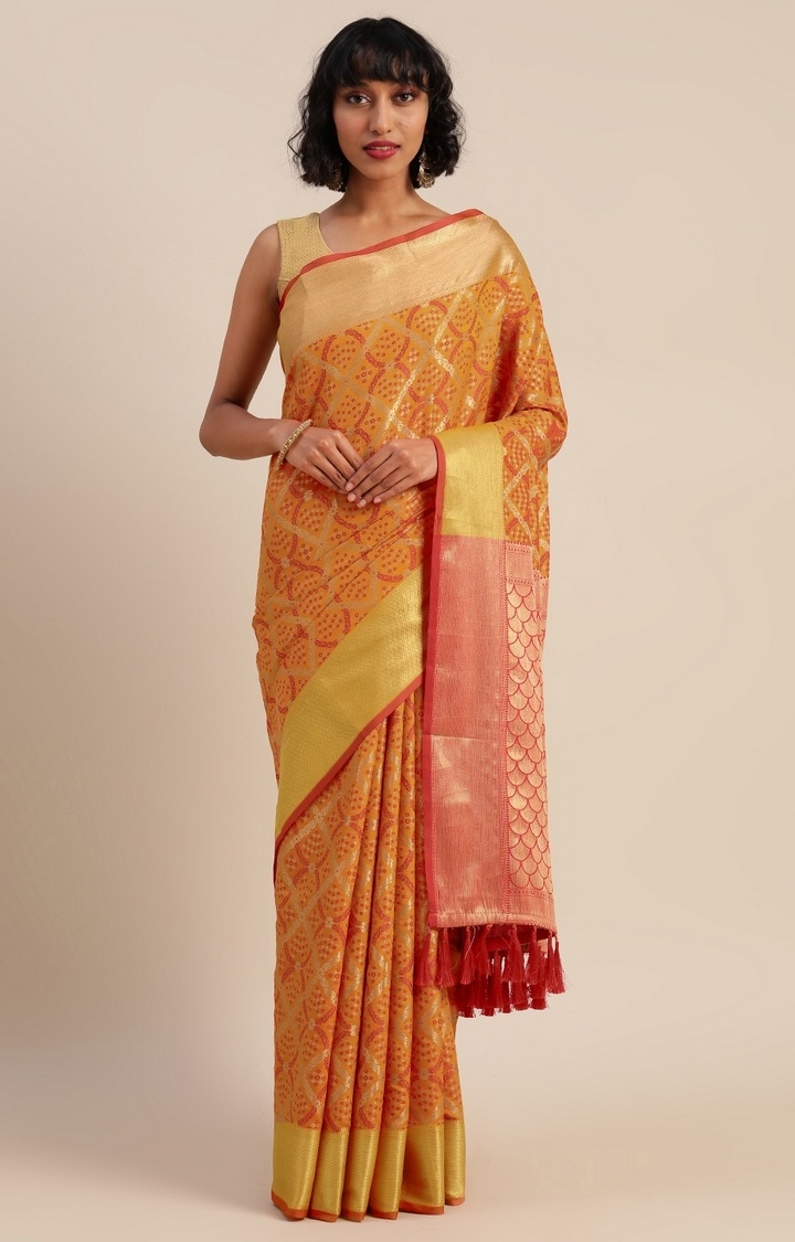 Vastranand | VASTRANAND  Yellow & Red Silk Blend Woven Design Patola Saree