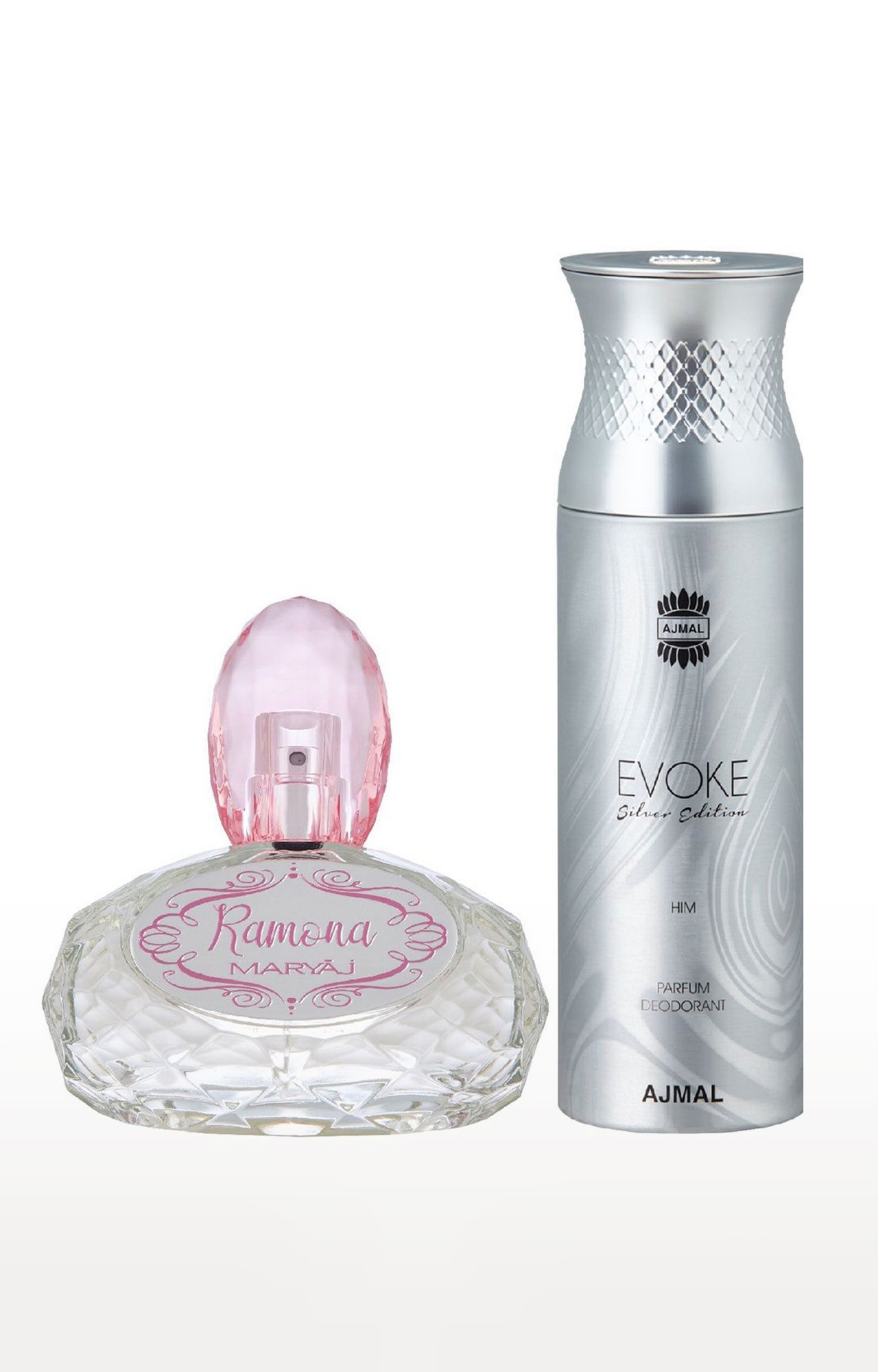 Maryaj Ramona Eau De Parfum Perfume 100ml for Women and Ajmal Evoke Silver Edition Him Deodorant Fragrance 200ml for Men