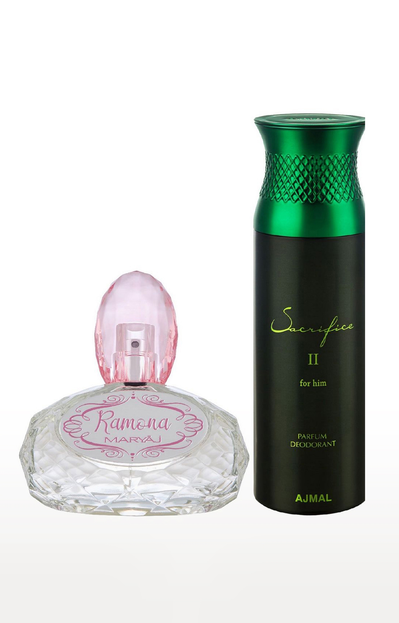 Maryaj Ramona Eau De Parfum Perfume 100ml for Women and Ajmal Sacrifice II for Him Deodorant Fruity Fragrance 200ml for Men