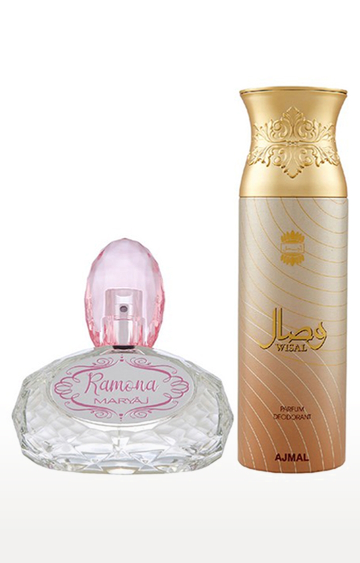 Maryaj Ramona Eau De Parfum Perfume 100ml for Women and Ajmal Wisal Deodorant Musky Fragrance 200ml for Women