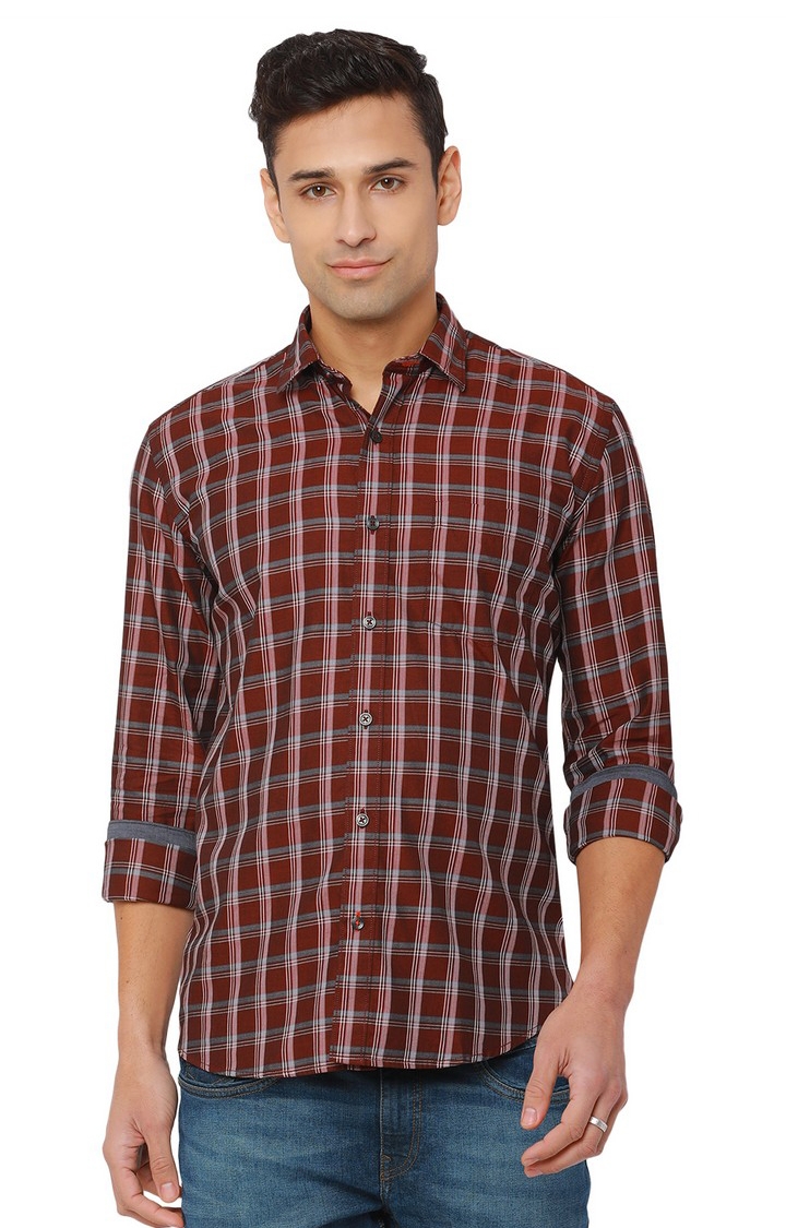 JBC-CH-731B MADDER BROWN Men's Red Cotton Checked Casual Shirts