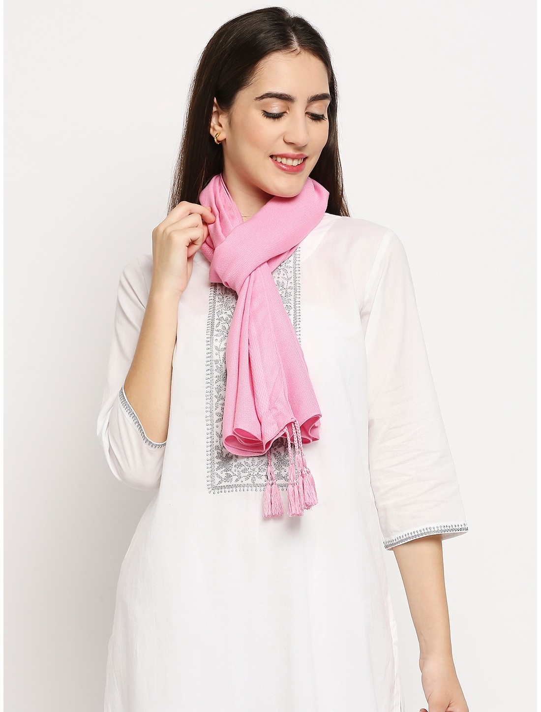 Get Wrapped | Get Wrapped Pink Dobby Border Scarf with Tassel for Women