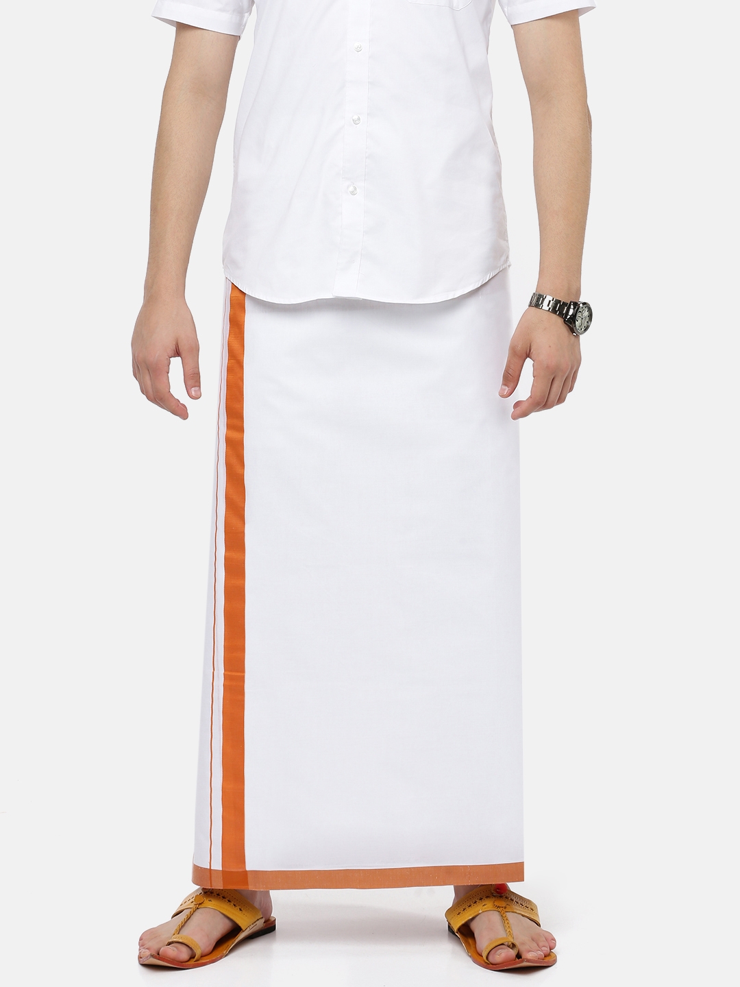 Ramraj Cotton | White Orange Border Solid Dhotis