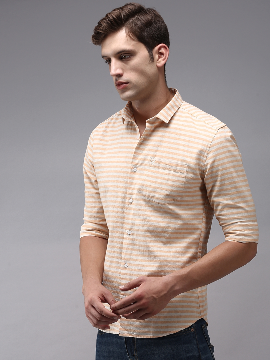 Men's Orange Cotton Striped Casual Shirts