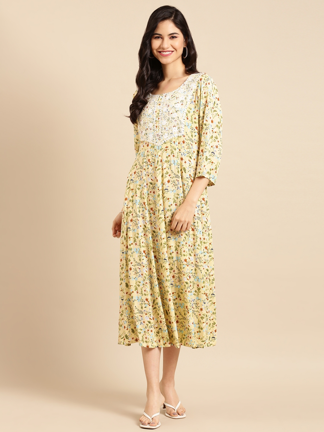 SHOWOFF Women Yellow Floral Round Neck Three-Quarter Sleeves Mid Length A-Line Kurta