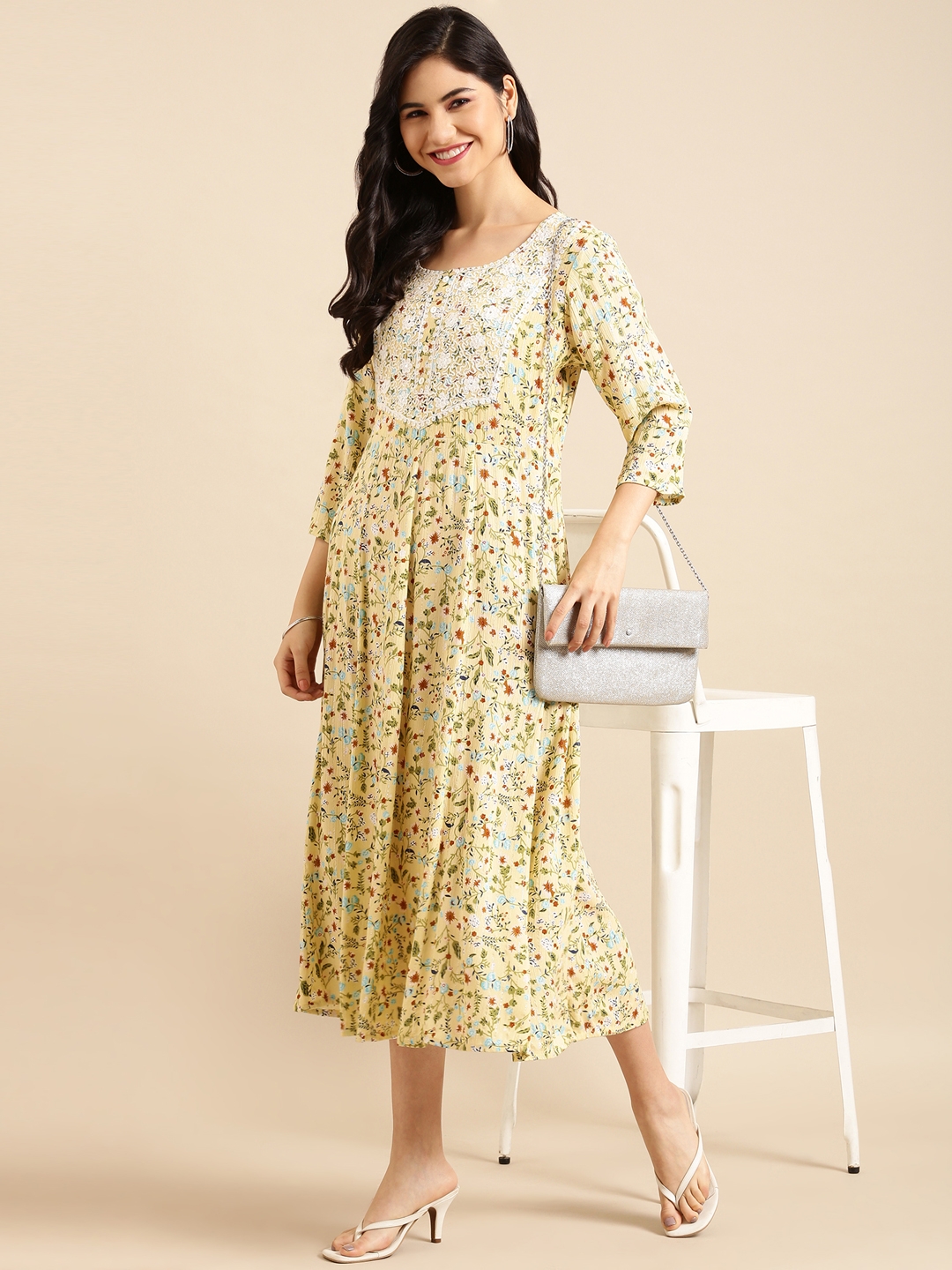 SHOWOFF Women Yellow Floral Round Neck Three-Quarter Sleeves Mid Length A-Line Kurta