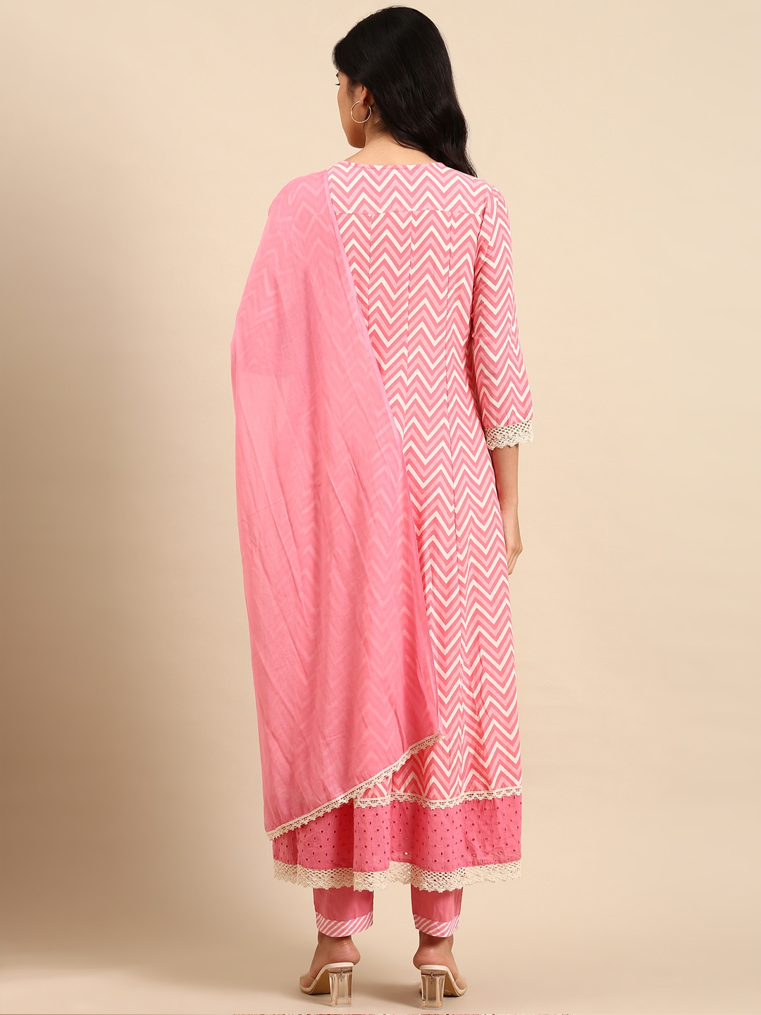 SHOWOFF Women's Keyhole Neck Pink Anarkali Kurta Sets
