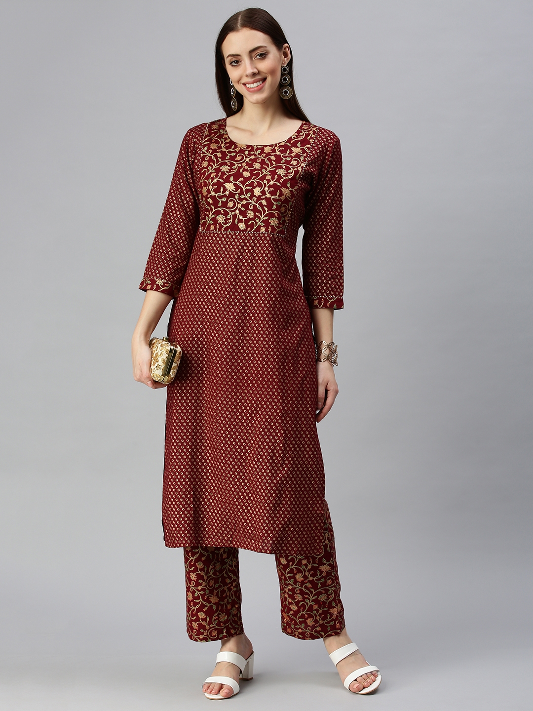 Showoff Women's Maroon Floral Kurta and Trouser