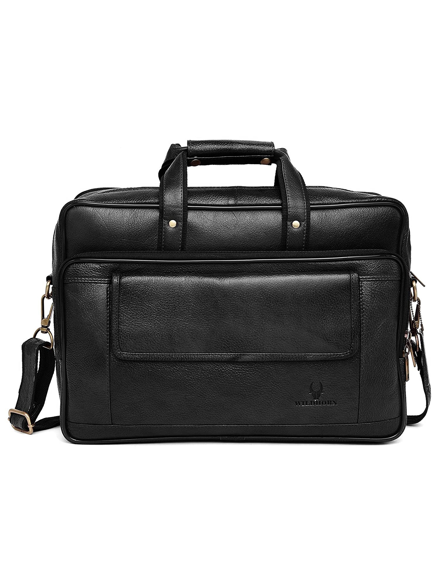 WildHorn | WildHorn 100% Genuine Classic Leather Black Laptop Bag for Men