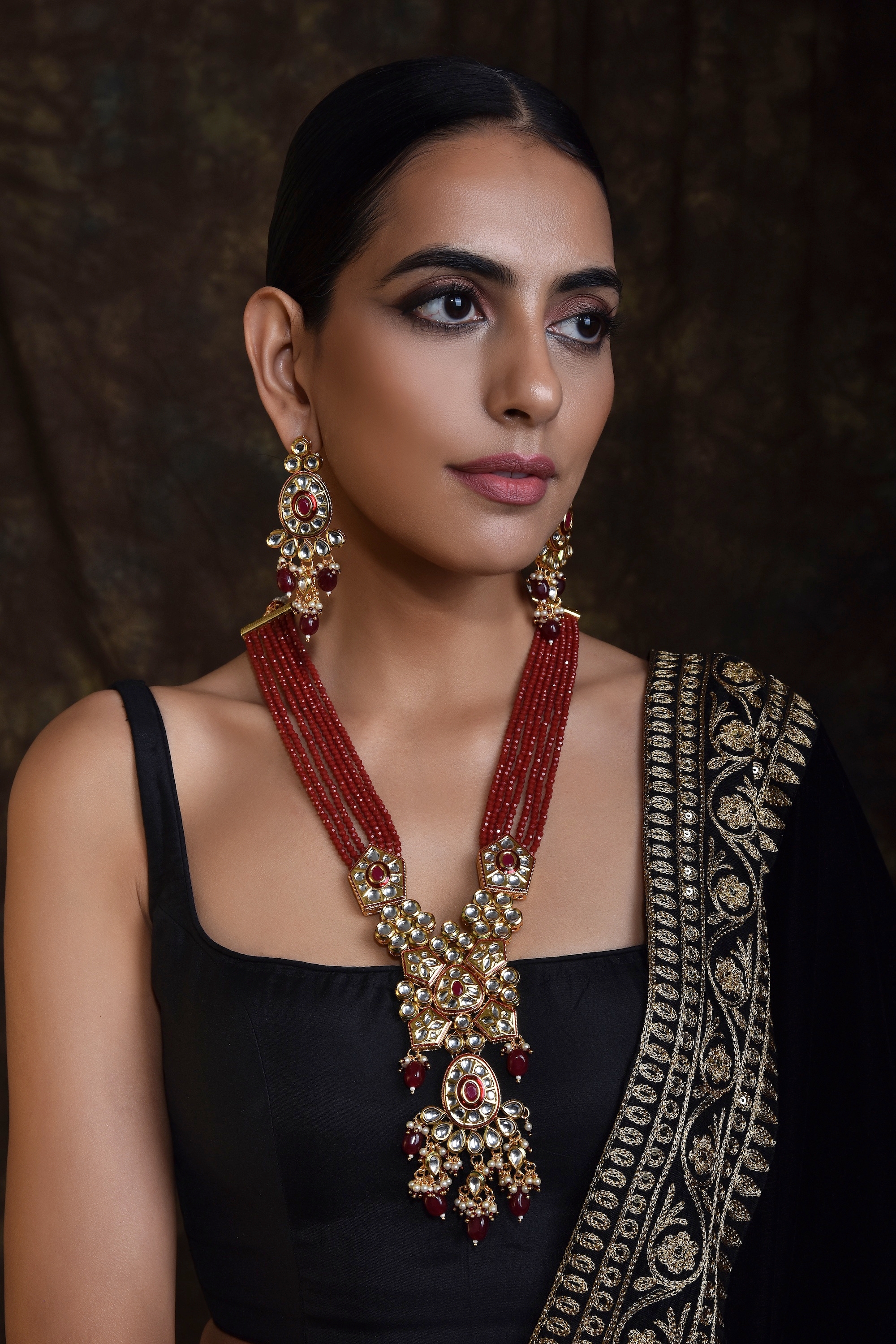 Swabhimann Jewellery | Pinashika Gold Plated Red Long Necklace Set