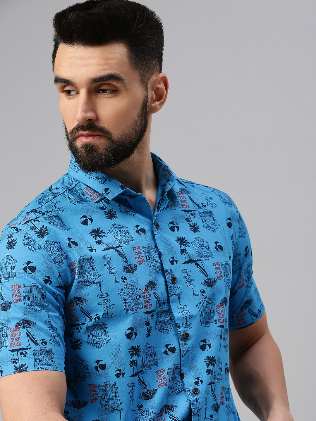Showoff | SHOWOFF Men's Roll-Up Sleeves Blue Conversational Shirts