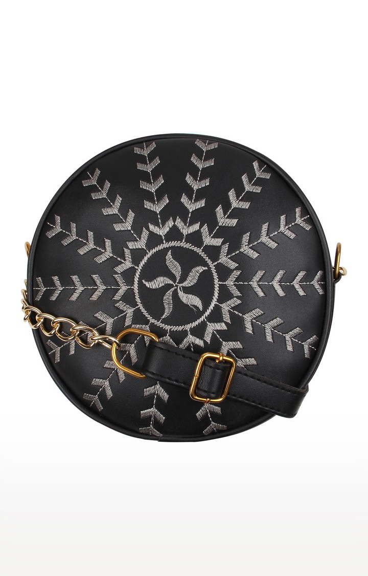 Vivinkaa | Vivinkaa Black Faux Leather Round Embroidery Sling Bag