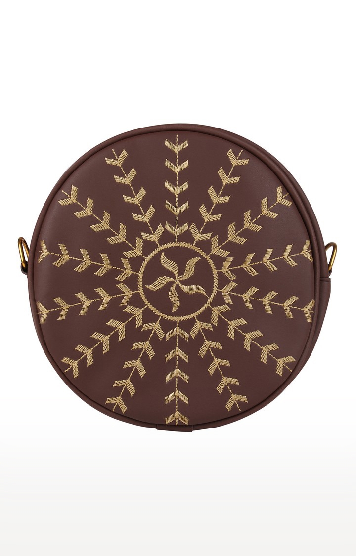 Vivinkaa Coffee Brown Round Faux Leather Embroidery Sling Bag