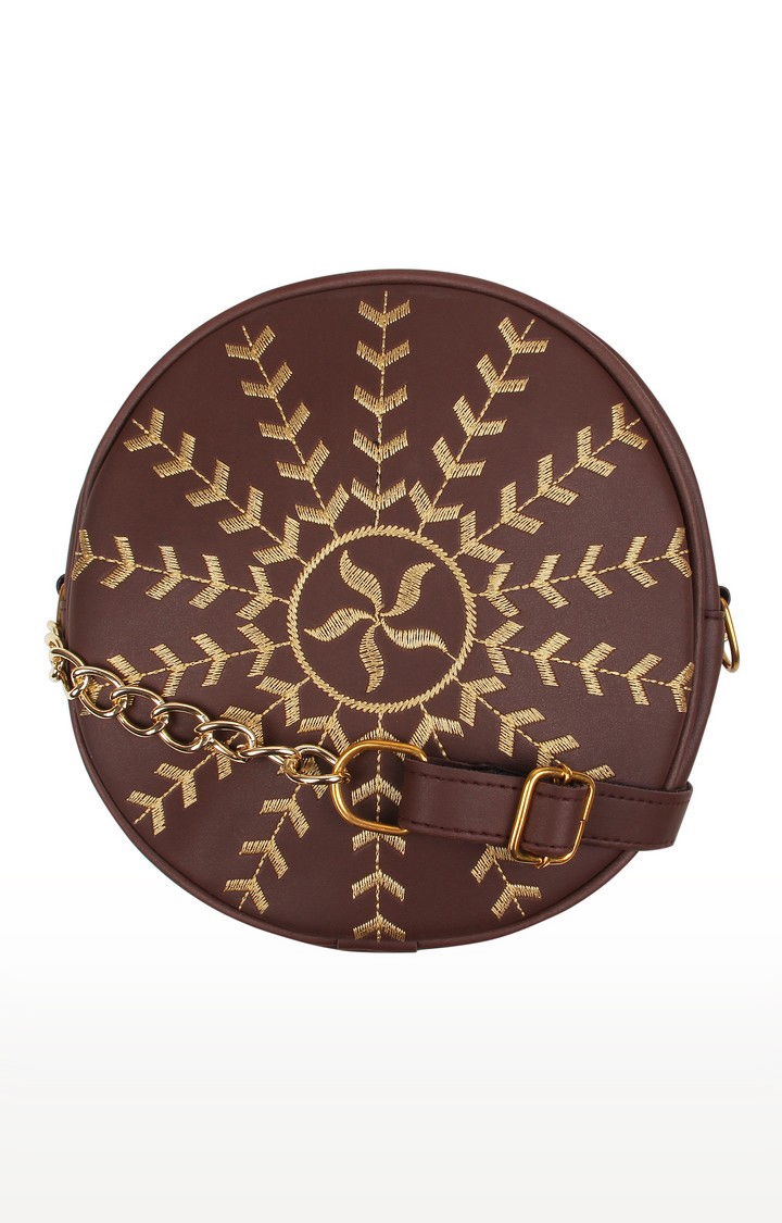 Vivinkaa | Vivinkaa Coffee Brown Round Faux Leather Embroidery Sling Bag