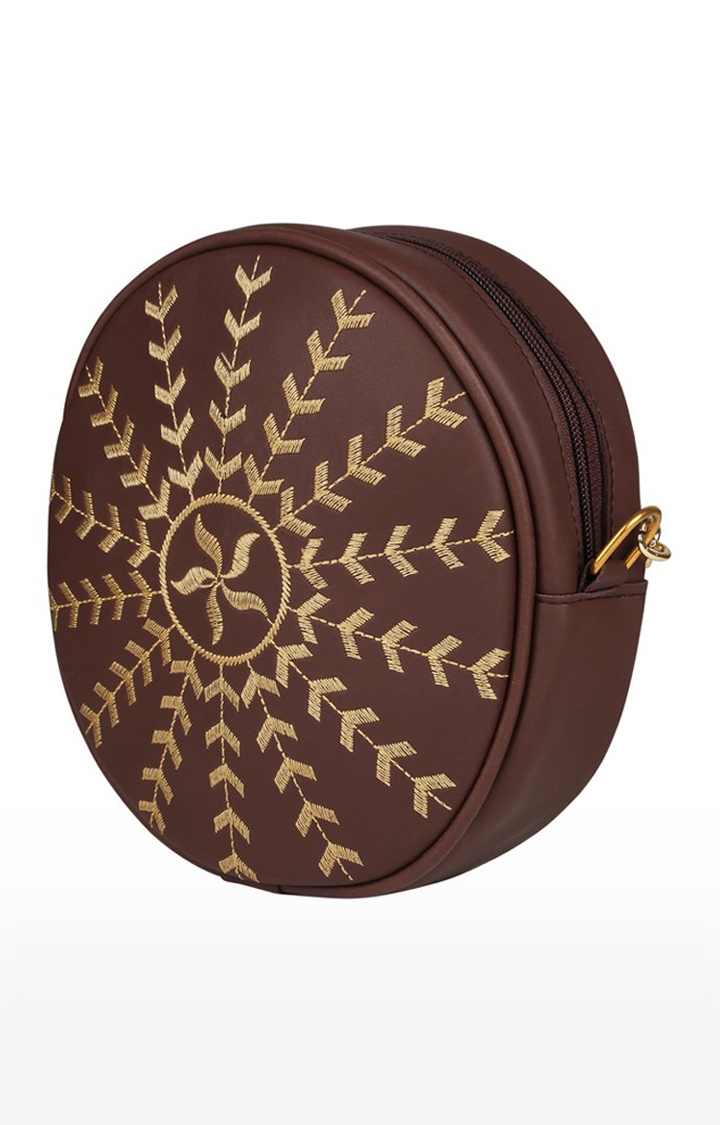 Vivinkaa Coffee Brown Round Faux Leather Embroidery Sling Bag