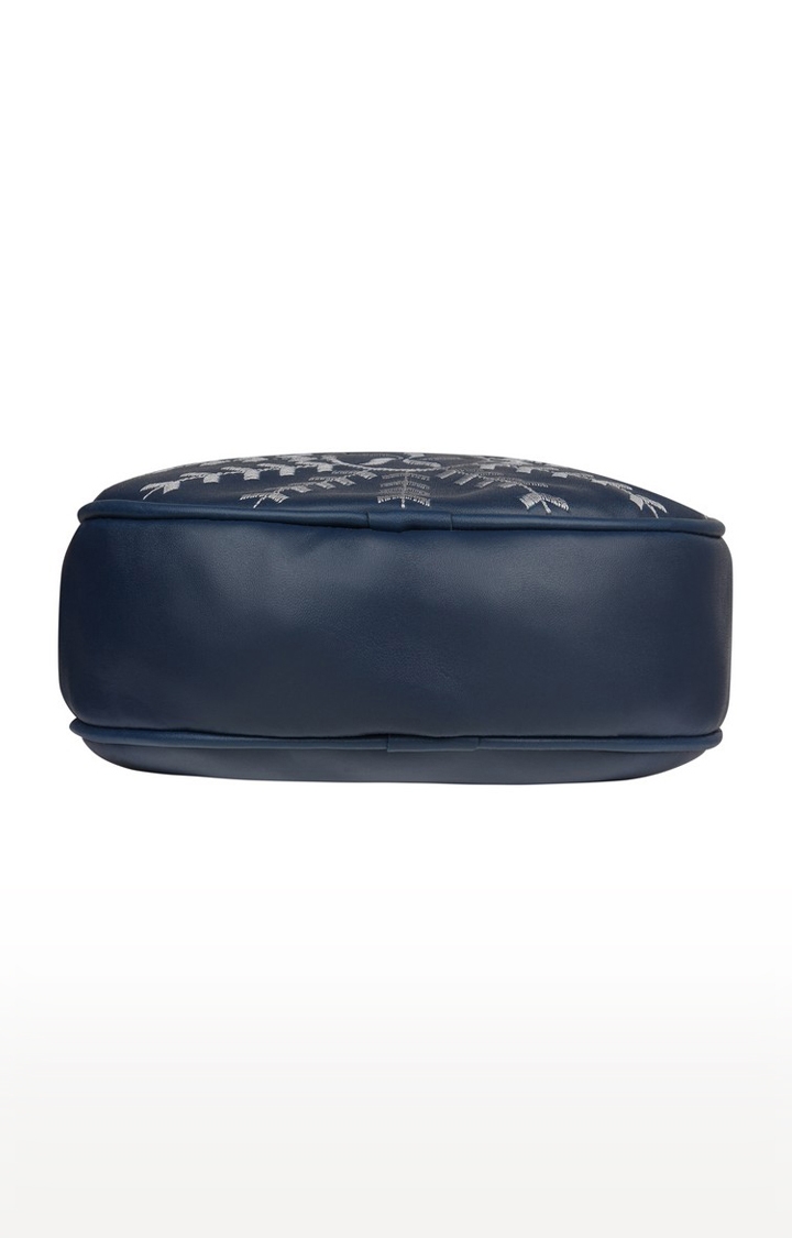 Vivinkaa Navy Blue Round Faux Leather Embroidery Sling Bag