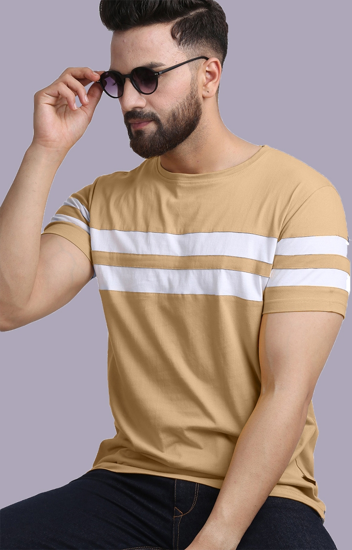 RodZen Cotton Men's Half Sleeve Striped Cream Tshirt