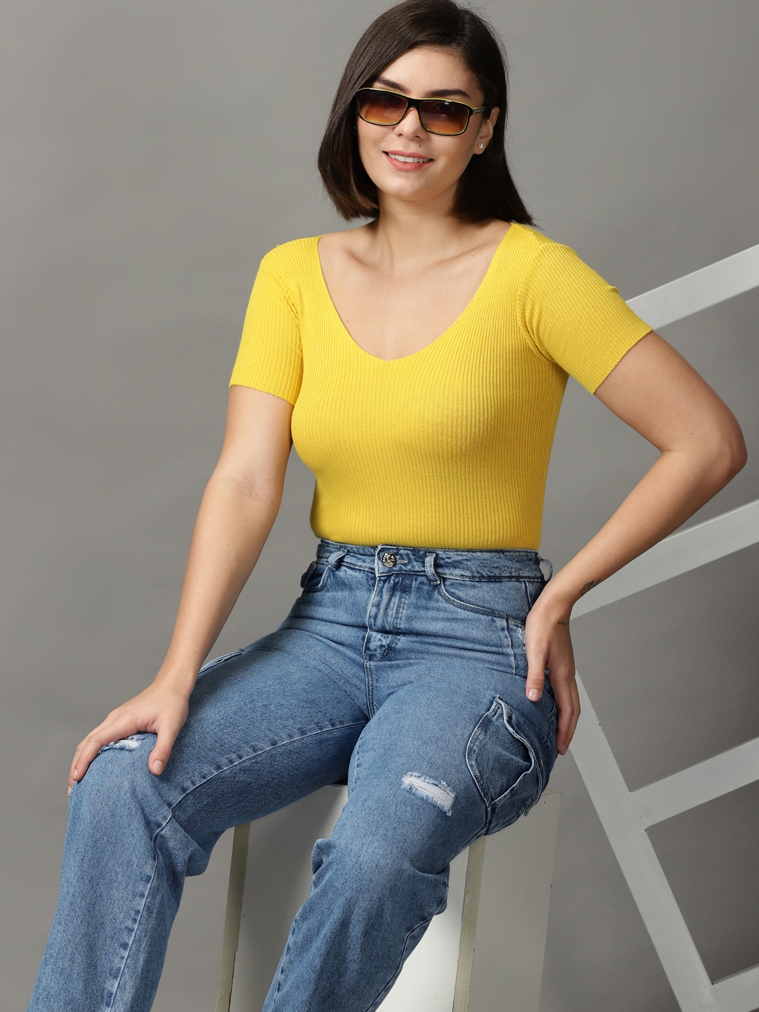 Women's Yellow Acrylic Solid Tops