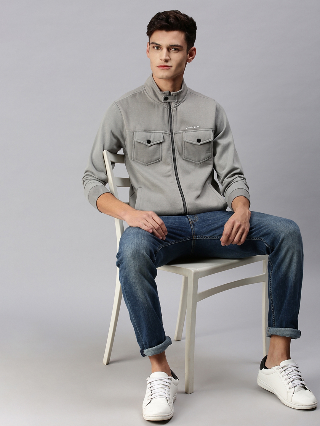 Men's Grey Cotton Solid Activewear Jackets
