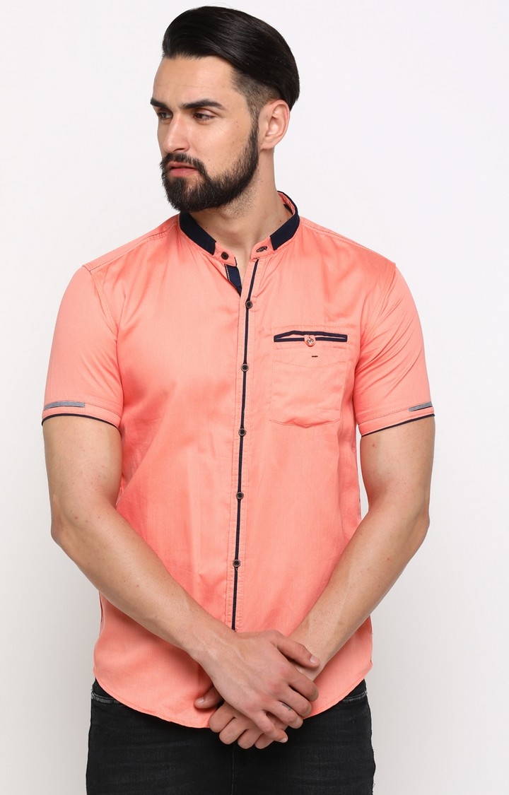 With | With Men's Orange Cotton Solid Slim Fit Shirt