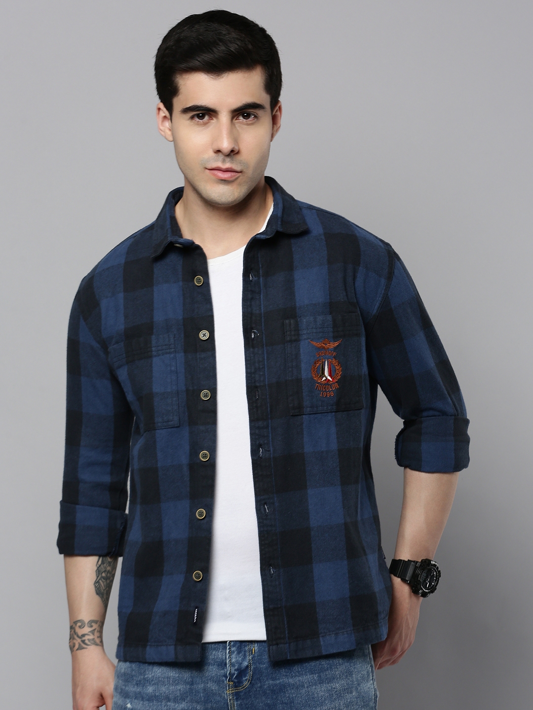 Men's Blue Wool Checked Casual Shirts