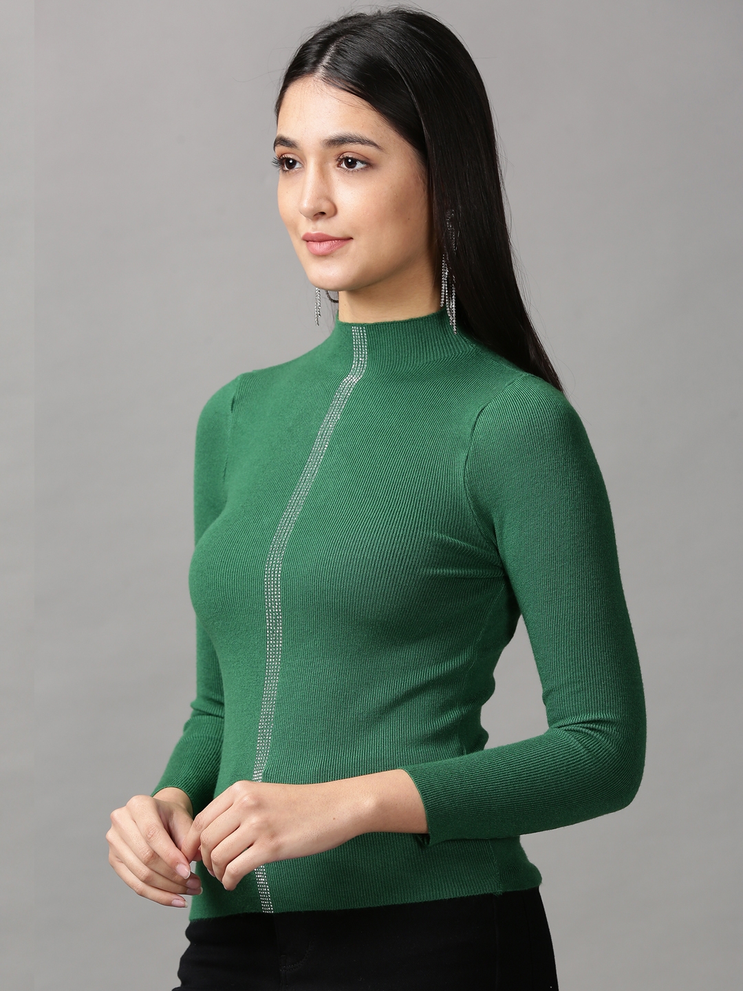 Women's Green Cotton Blend Embellished Tops