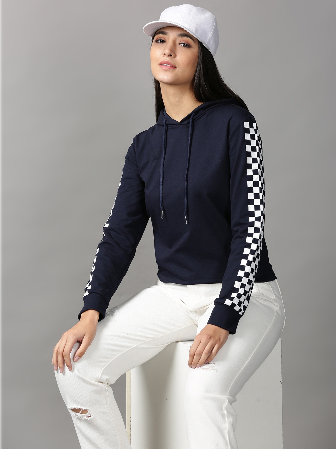 SHOWOFF Women's Long Sleeves Regular Navy Blue Hooded Sweatshirt