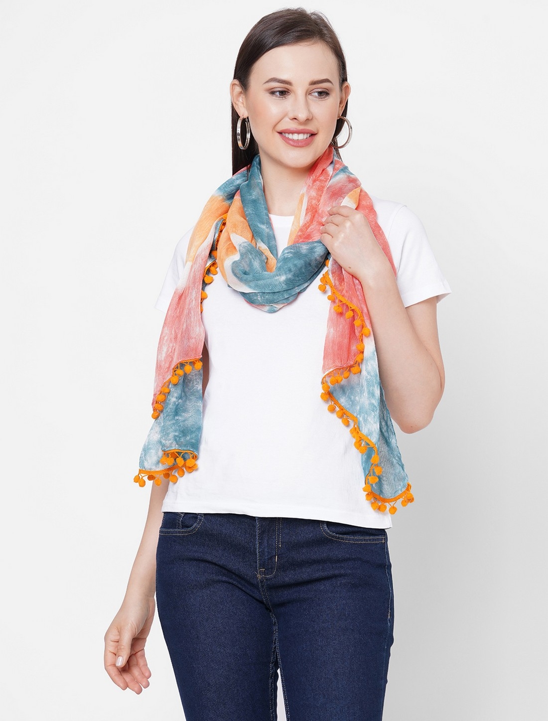 Get Wrapped | Get Wrapped Multi-Coloured Tie-Dye Large Scarf with Poms for Women
