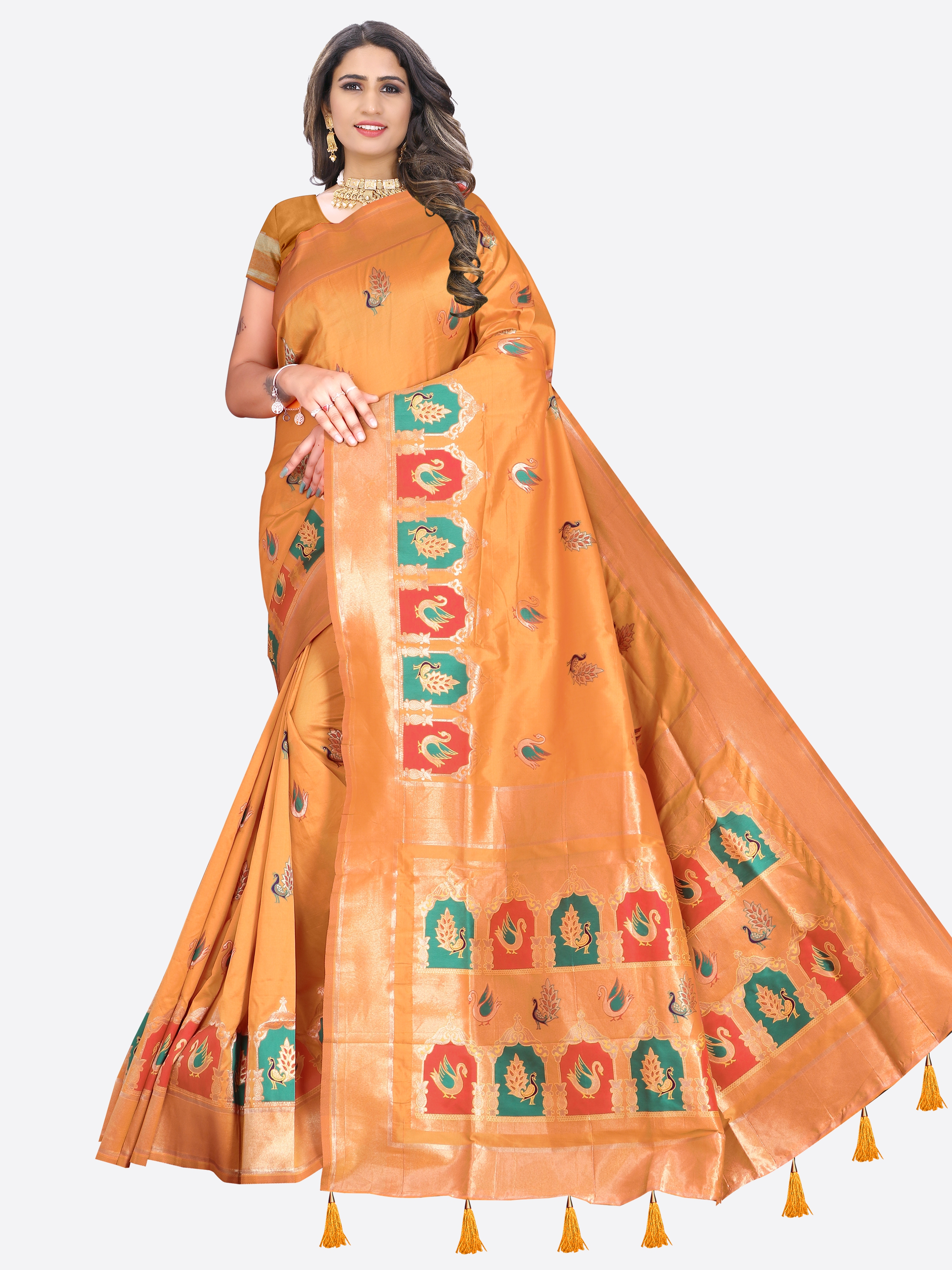 Glemora Saree for Women Banarasi Silk Saree With Blouse (Orange)