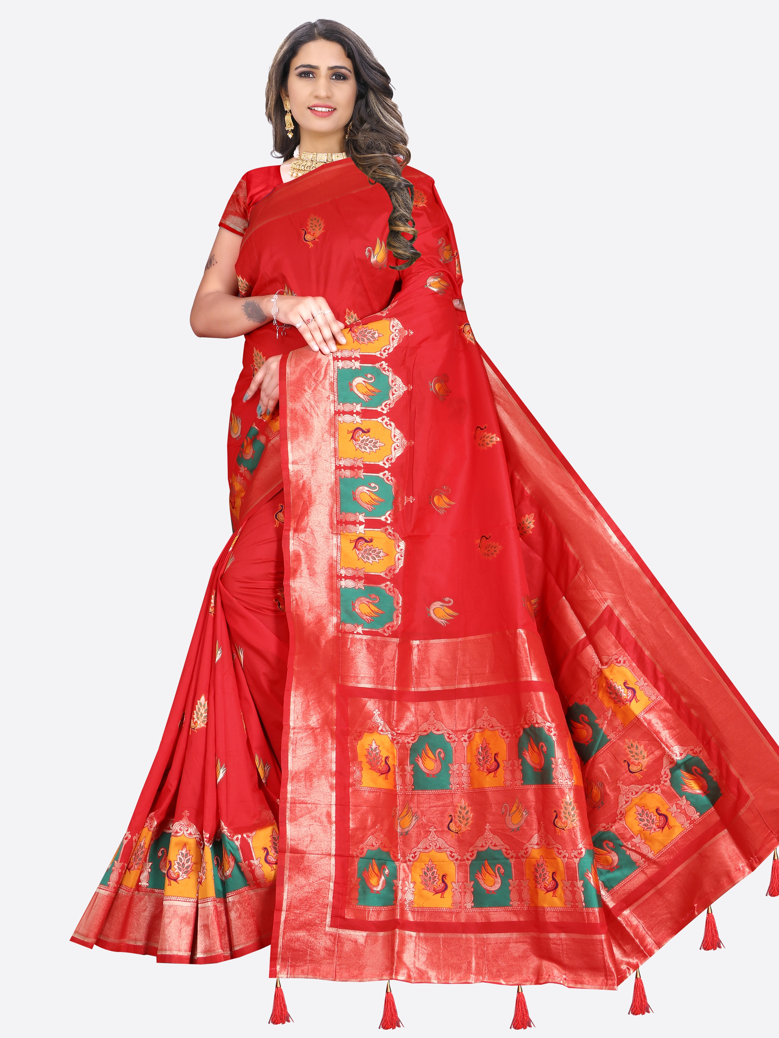 Glemora Saree for Women Banarasi Silk Saree With Blouse (Red)